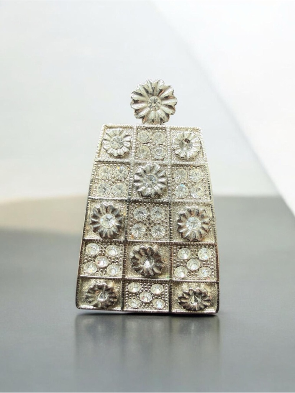 Silver-Tone Floral Grid Statement Pendant with Clear Crystals